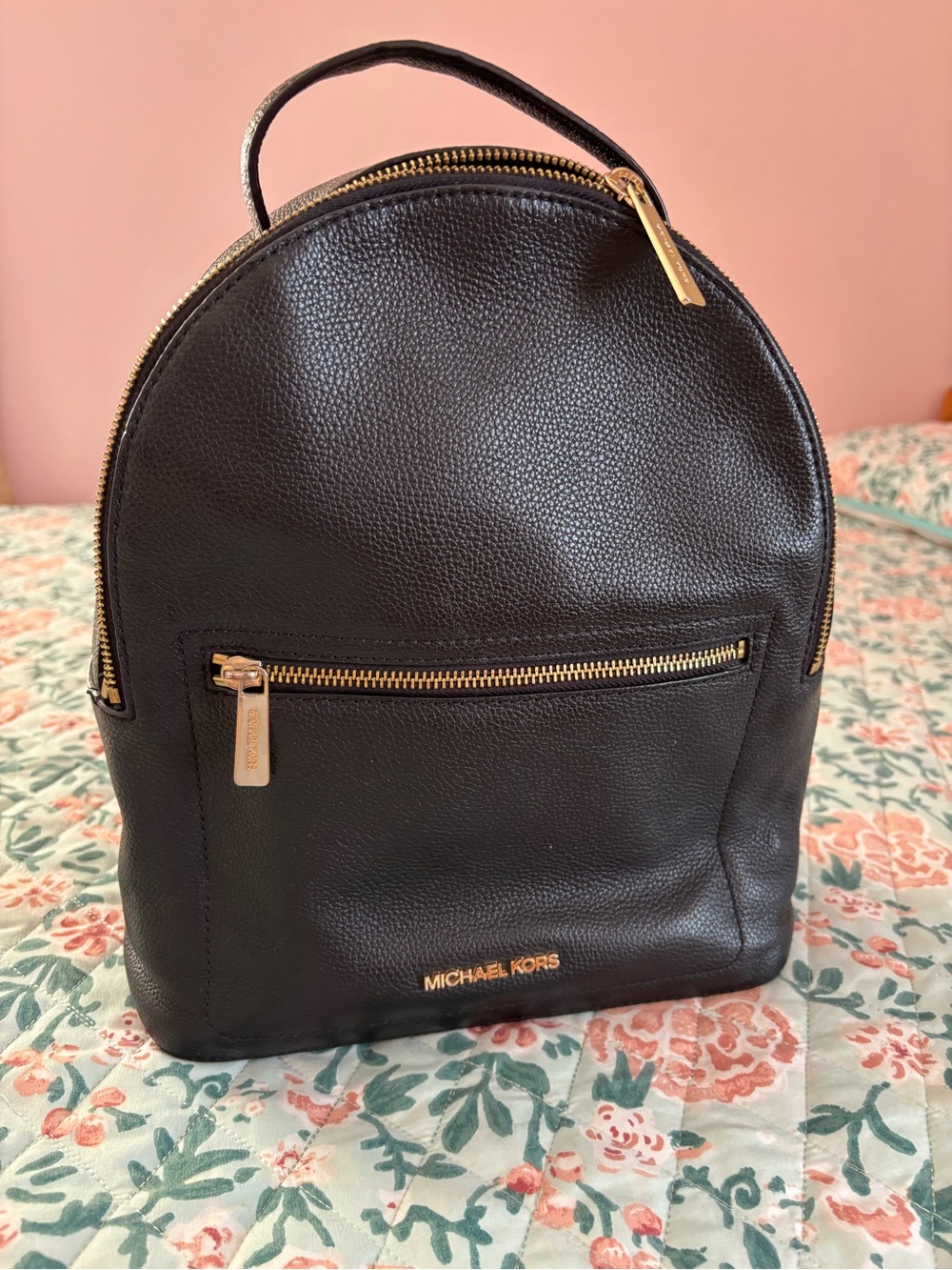 Michael Kors Black Pebbled Leather Compact Backpack with Gold Hardware Accents